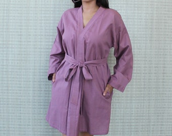 Linen Wrap Dress, Full sleeves Short Wrap dress with pockets and Belt, Beach coverup, Vacation Outfit, Maternity Wrap, Ready to ship, Sale