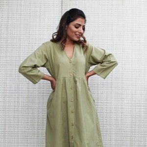 Kimono Linen Dress, Button Up Linen Tunic, V-Neck Linen Dress, Smock Linen Dress With Pockets,Ready to Ship, Sale