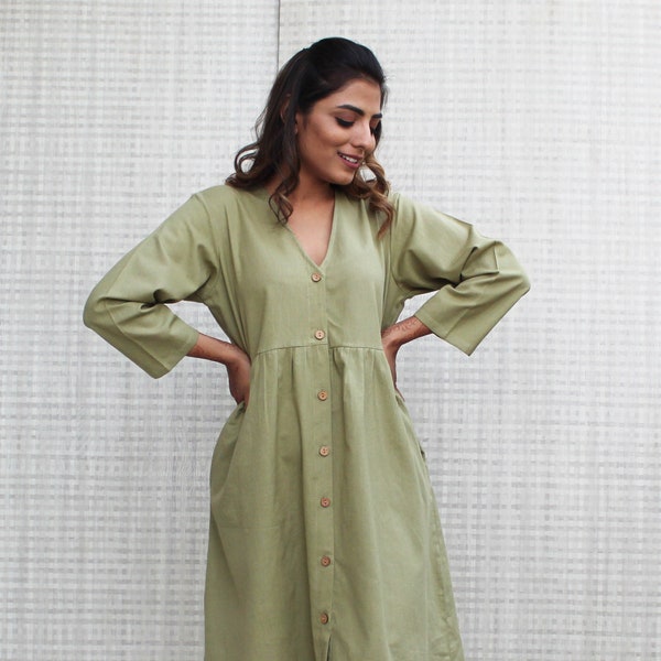 Linen Dress, Kimono Linen Dress, Button Up Linen Tunic, V-Neck Linen Dress, Winter Linen Jacket Dress, Smock Linen Dress With Pockets