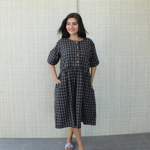 Black checkered classic minimal  half sleeves soft linen cotton blend dress with functional buttons and side seam pockets made in india