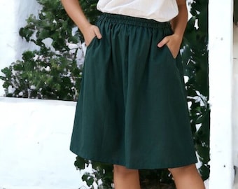Falda corta casual con bolsillos, falda de lino hasta la rodilla, falda para mujer, falda de talla grande, falda de lino midi, falda de lino verde, New2Style