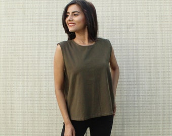 Linen Blouse, Round Neck Linen Top, Loose Linen Blouse, Softened Linen Tee, Linen Clothing, Open Back Top, Organic, Washed