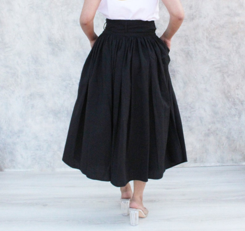 Summer Cotton Skirt, Casual Loose Skirts, Pleated Elastic Waist Skirt, Flared Maxi Skirts, Customized Plus Size Skirt, Black Linen Skirt image 5