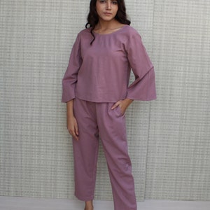 Women’s Linen Two Piece Set, Loose Fit Linen Top and Pant, Matching Co Ord Set, Sustainable Lounge Wear, Handmade Linen Outfit, Gift For Mom