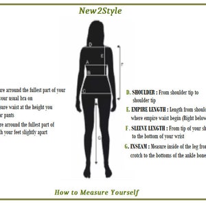 May include: Diagram showing how to measure different parts of the body for clothing, including bust, waist, hips, shoulder, empire length, sleeve length, and inseam.