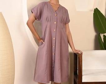 Linen Tunic Dress, Vintage Dress, Comfortable V-neck Linen Dress with Short Sleeve, Nursing Dress with Wooden Buttons, Loose Linen Dress