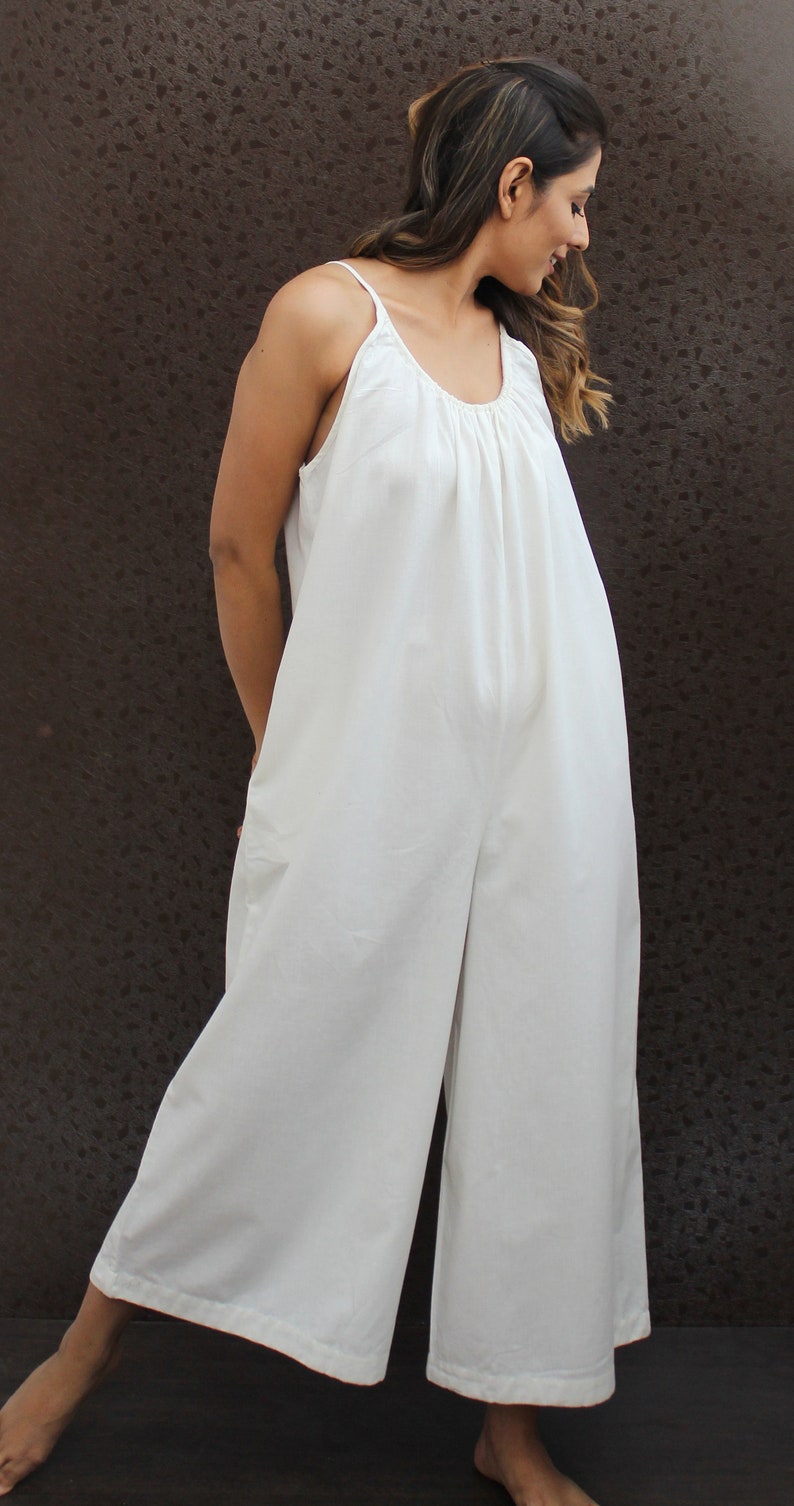 White relax fit loose wide leg soft linen sleeveless adjustable  strappy romper