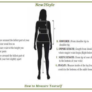 May include: A black silhouette of a human figure on a white background with the text New2Style and How to Measure Yourself. It includes measurement lines labeled A through G for bust, waist, hips, shoulder, empire length, sleeve, and inseam.