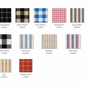 May include: A collection of eleven fabric swatches featuring various patterns including checks and stripes in colors such as black, beige, blue, white, pink, sand, grey, natural, tan, and terracotta, each labeled with its specific color name.
