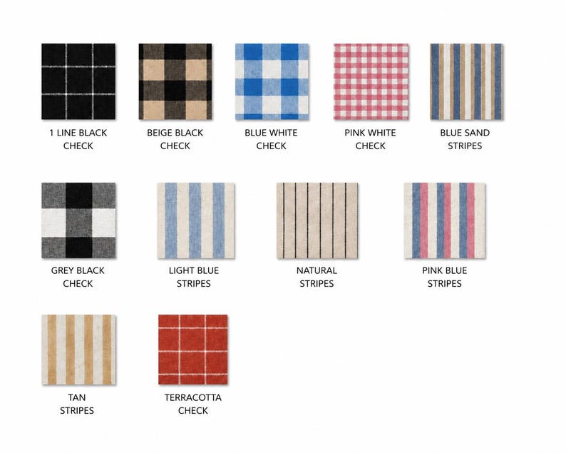 May include: A collection of eleven fabric swatches featuring various patterns including checks and stripes in colors such as black, beige, blue, white, pink, sand, grey, natural, tan, and terracotta, each labeled with its specific color name.
