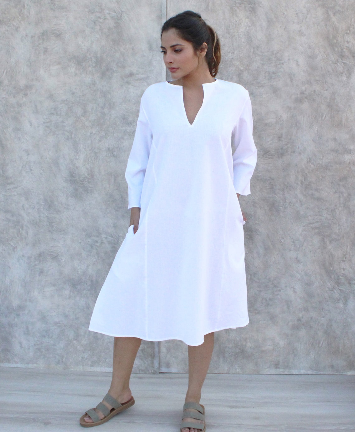 white linen dress with belt