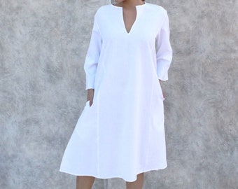 White Linen Dress,  Linen Shift Dress,  Split Neck Dress,  Loose Fit Clothing,  Linen Tunic Dress,  Linen Midi Dress,  Linen Summer Dress