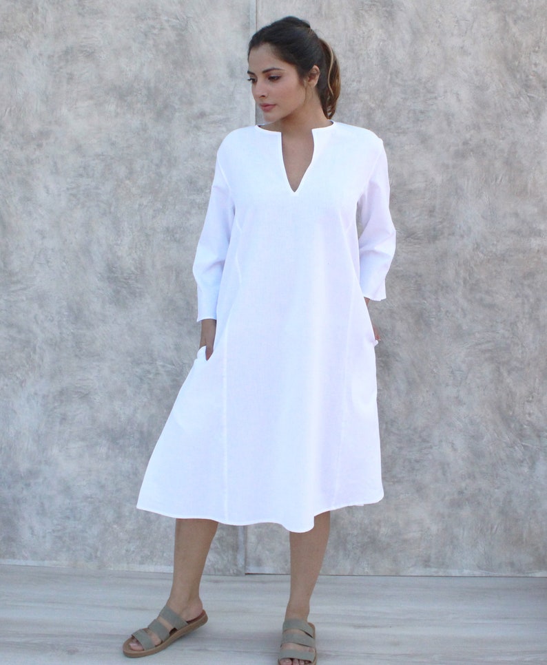 casual street wear White  split neck full sleeves A- line dress with pockets