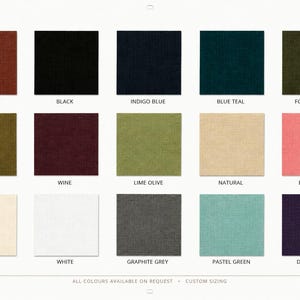 May include: A color chart featuring fifteen fabric swatches in burnt clay, black, indigo blue, blue teal, forest green, moss green, wine, lime olive, natural, blush pink, cream, white, graphite grey, pastel green, and dark purple.