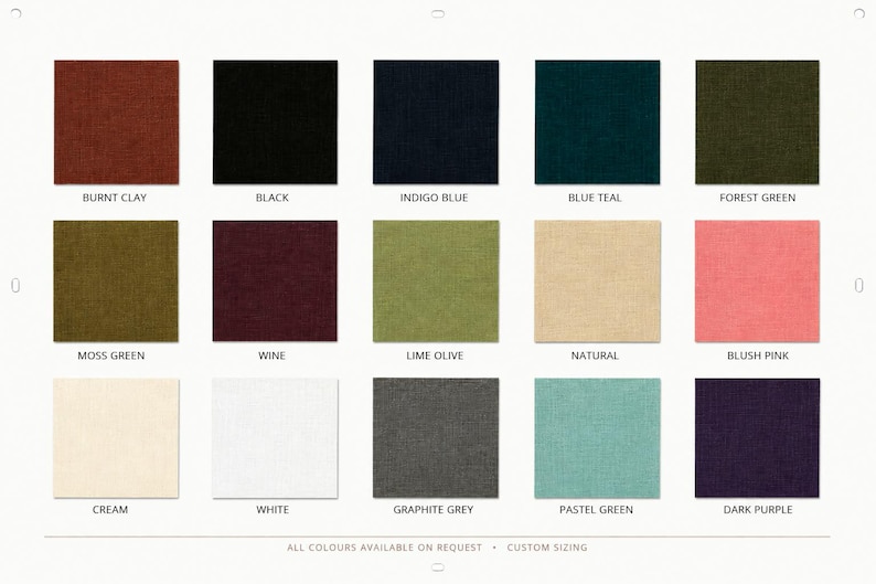 May include: A color chart featuring fifteen fabric swatches in burnt clay, black, indigo blue, blue teal, forest green, moss green, wine, lime olive, natural, blush pink, cream, white, graphite grey, pastel green, and dark purple.