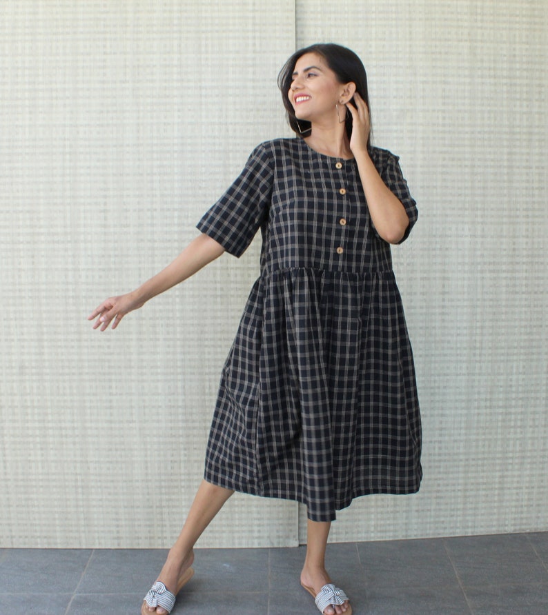 Black checkered classic minimal  half sleeves soft smock linen cotton blend hiking dress