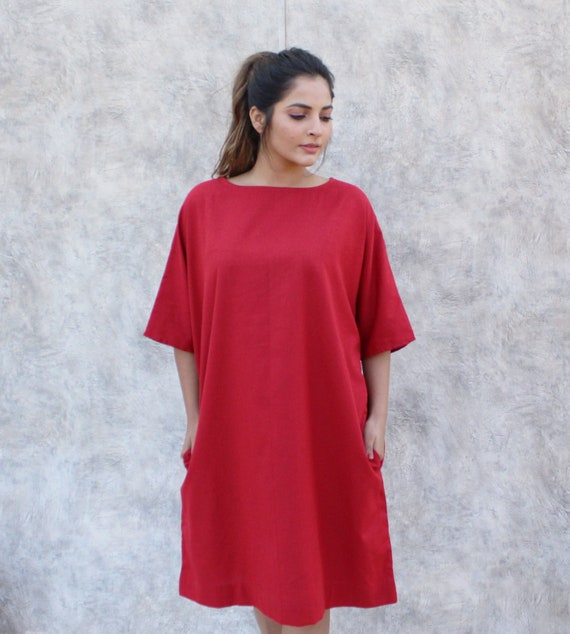 Knee Length Linen Dress, Simple Linen Dress, Loose Linen Dress, Oversized Dress, Boat Neck Dress, Drop Shoulder Linen Dress, Gift for Mom