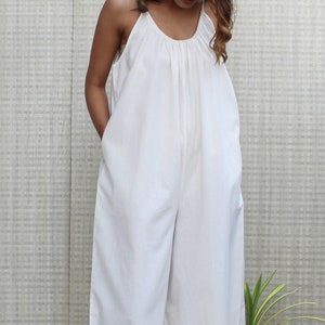 White relax fit loose wide leg soft linen sleeveless strappy jumpsuit with pockets