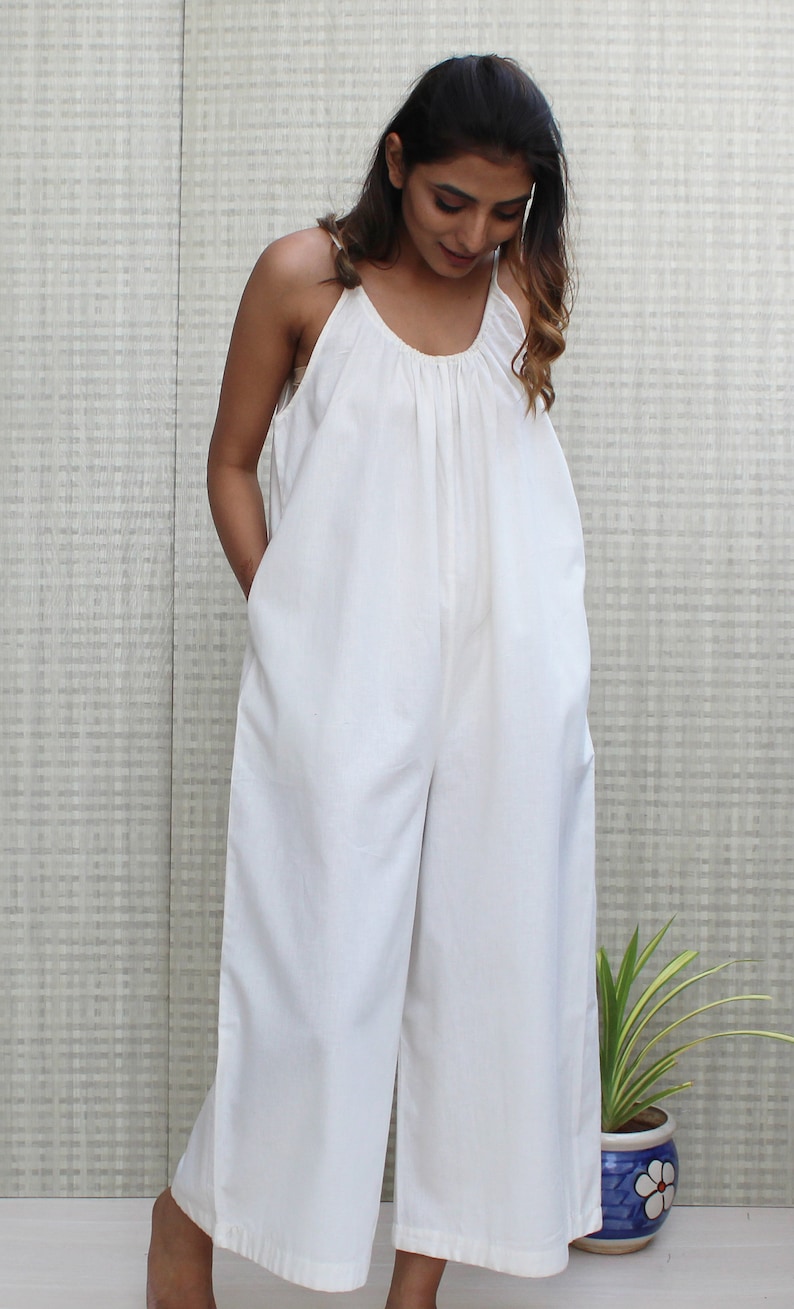 White relax fit loose wide leg soft linen sleeveless strappy jumpsuit with pockets