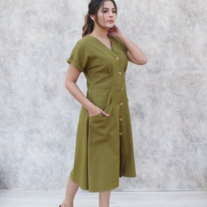 Olive Green Linen Midi Dress with Wooden Buttons, V-Neck Tunic Dress with Pockets, Soft Linen Summer Dress for Women, Everyday Linen Dress