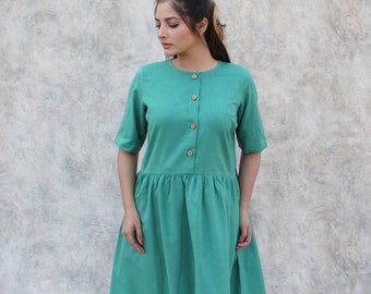 Smock linen dress in Half Sleeves, Midi linen dress, Nursing dress with pockets, Relax fit, Handmade Button down Dress, Ready to ship, Sale