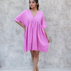 V-neck Linen Dress, Linen Smock Summer Dress, Linen Clothing for Women, Drop Shoulder Dress, Short Dress, Mini Dress with Pocket