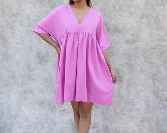 V-neck Drop Shoulder Short Linen Mini Dress with Pocket, Empire Waist Linen Dress, Baby Doll Linen tunic