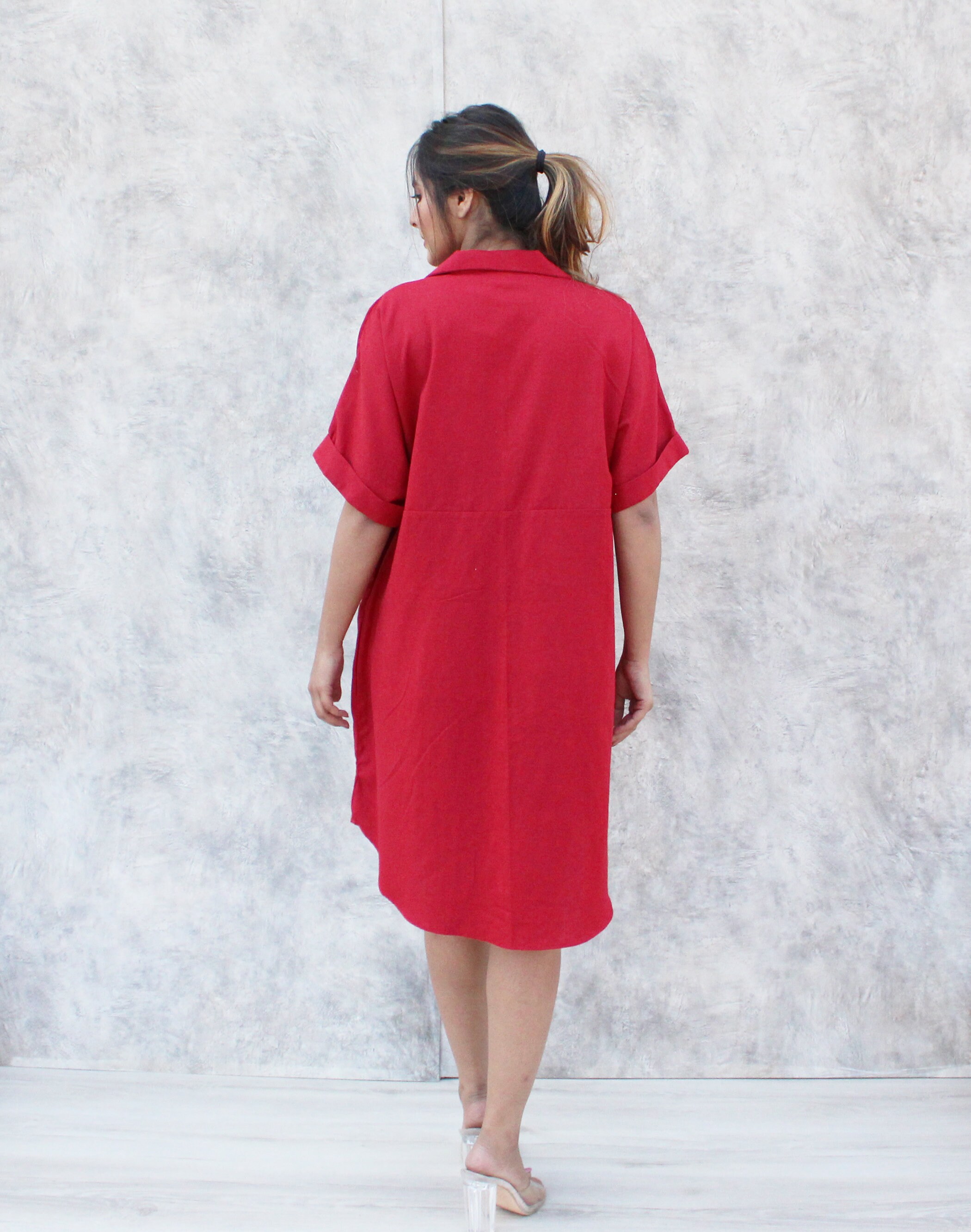 chinese dress ladies Rust Red Linen Shirt Dress – Vintage Button-Front Maxi main image 0