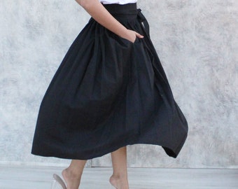 Summer Cotton Skirt, Casual Loose Skirts, Pleated Elastic Waist Skirt, Flared Maxi Skirts, Customized Plus Size Skirt, Black Linen Skirt