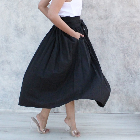 Buy Summer Cotton Skirt, Casual Loose Skirts, Pleated Elastic Waist Skirt,  Flared Maxi Skirts, Customized Plus Size Skirt, Black Linen Skirt Online in  India
