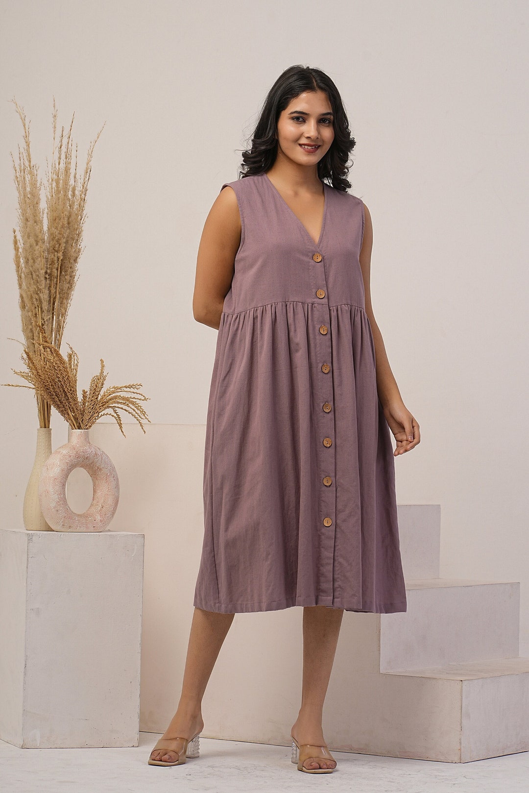 Linen Blend V-Neck Dress for Women – Effortlessly Chic & Comfortable Summer Style main image 1