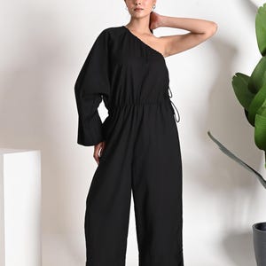 Black One-Shoulder Linen Jumpsuit with Side Drawstring Detailing, Loose linen Jumpsuit, Linen overall, Linen Romper, Wide Leg Linen Jumpsuit