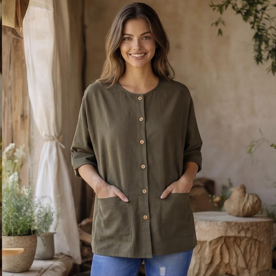 Linen Top for Women, Oversized Button Down Blouse, Long Sleeve Linen ...