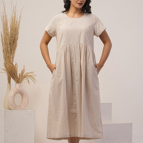 knee length dresses for ladies The Arden Dress in Sand Striped Linen Sand Striped Linen / 2024SP226 SASL / 2 main image 1