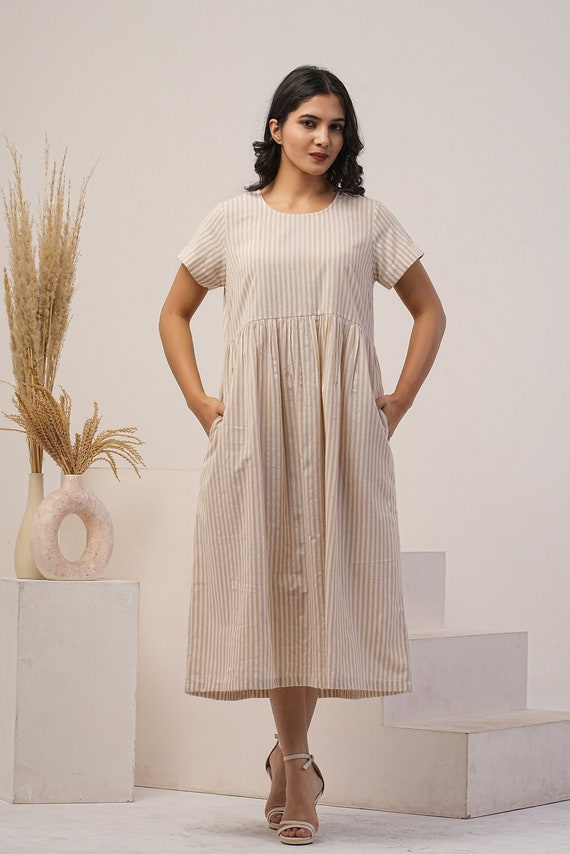 knee length dresses for ladies Tanya Taylor | Short Sleeve Striped Cody Dress | Maritime Blue/Cream Wide Stripe Midi Dress main image 1