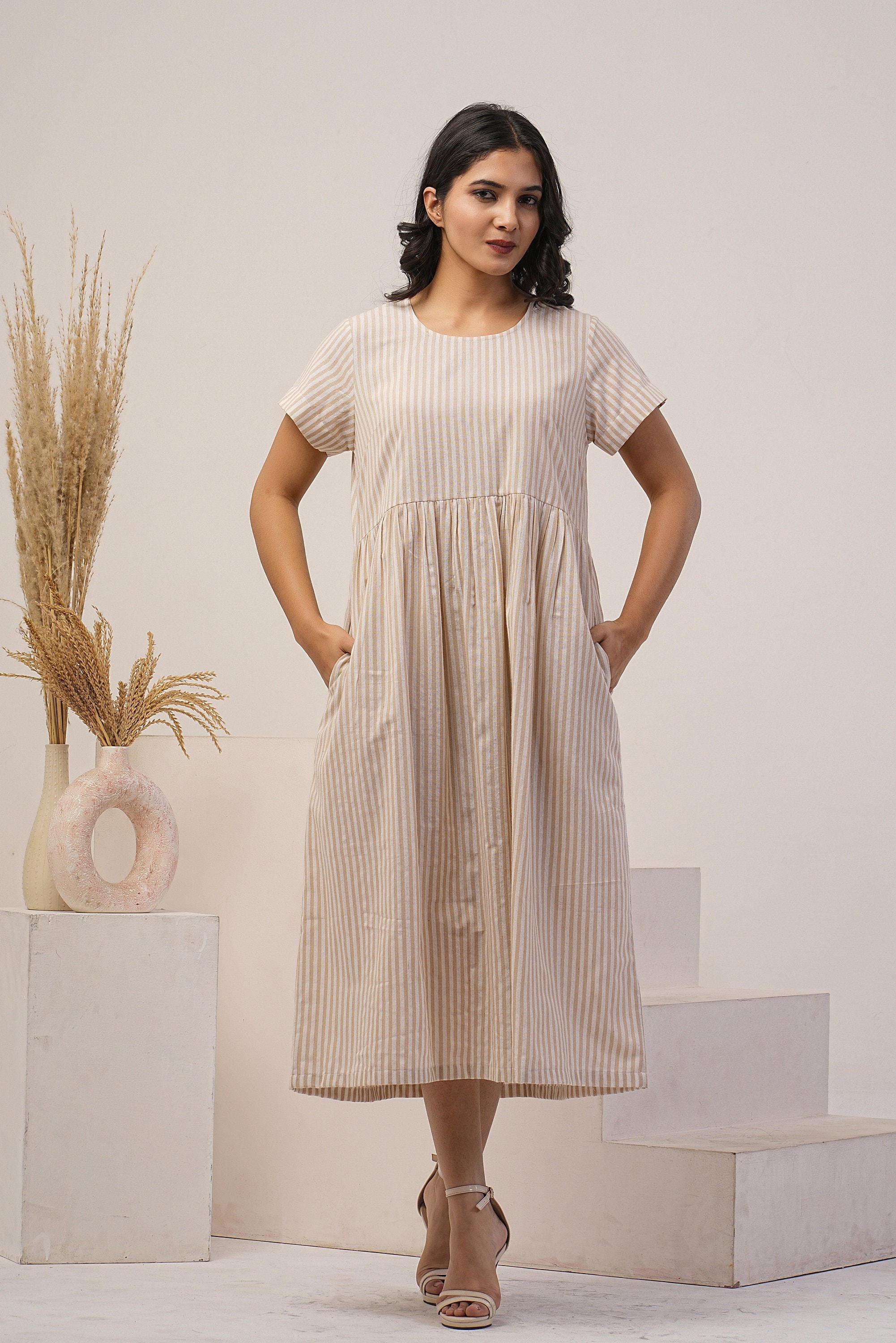 Striped Linen Tea Dress, Short Sleeves Boat Neck Dress, Smock Linen Dress, Linen Midi Dress With Pockets, Linen tunic dress, Summer dress