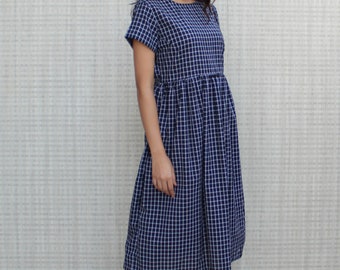 Checkered Linen Tea Dress, Short Sleeves Boat Neck Line Smock Linen Dress, Linen Midi Dress With Pockets, Sustainable Soft Organic Clothing