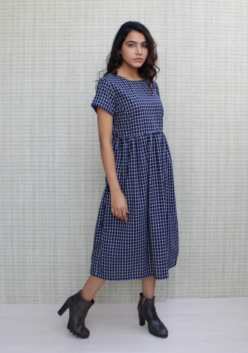 short sleeves black checkered linen smock tea dress in midi length includes pockets