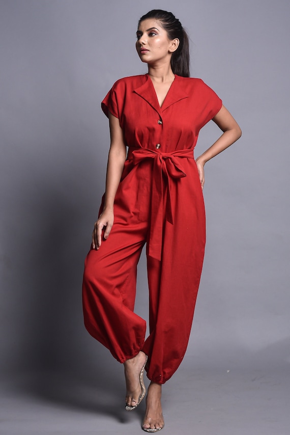 Linen Jumpsuit Jumpsuits Linen Romper Red Etsy