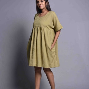 Baby doll Smock Linen Dress, Round Neck Linen Dress, Loose Fit Olive Dress, Linen short Dress With Pockets, Gift Dress, New2Style