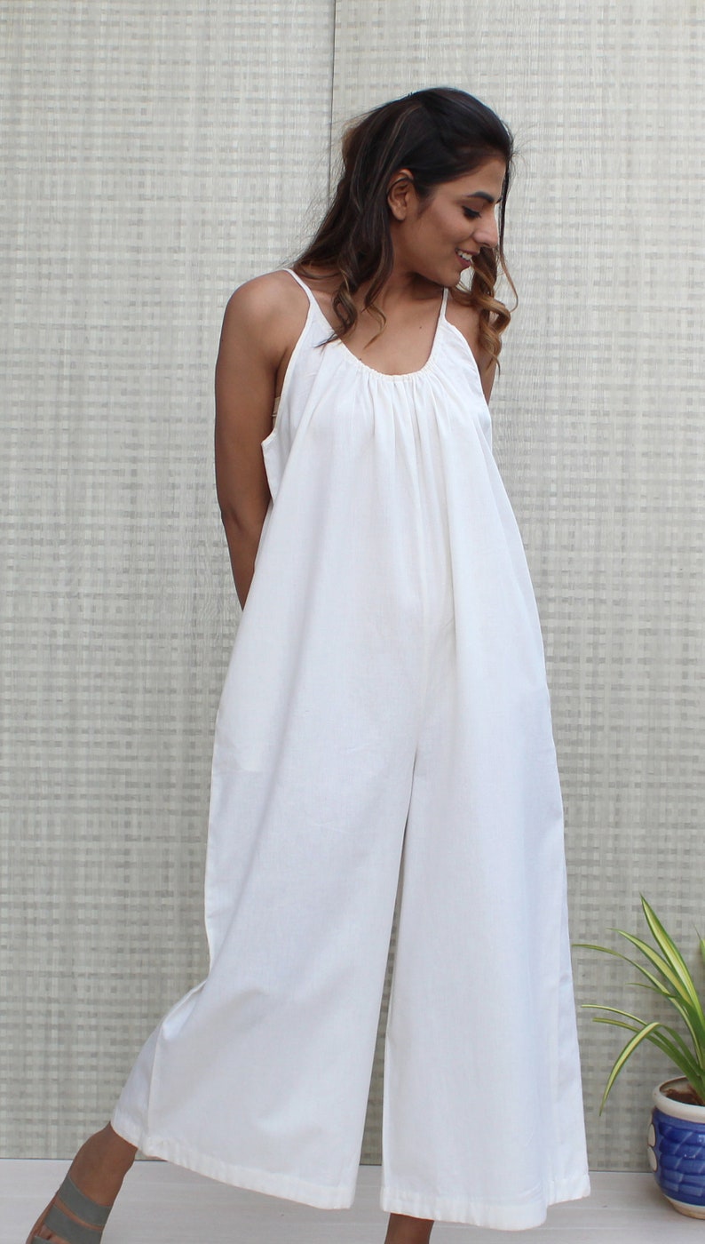 White relax fit loose wide leg soft linen sleeveless strappy jumpsuit