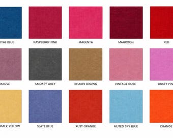 May include: A grid of fifteen square fabric swatches in various colors including royal blue, raspberry pink, magenta, maroon, red, mauve, smokey grey, khaki brown, vintage rose, dusty pink, buttermilk yellow, slate blue, rust orange, sky blue, and orange.