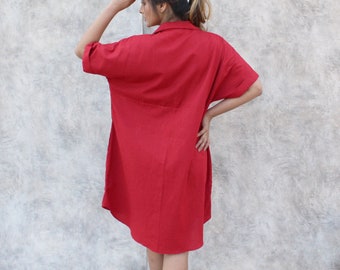open lace back dress Size M Color Block Pink and Red Linen Blend Oversized Mini Shirt Dress –  malvine.lv main image 1
