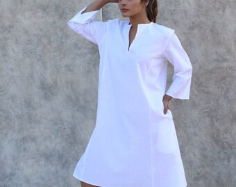 White Linen Shift Dress, Split Neck Classic Linen Midi Dress, Versatile  Summer A-line Dress, Comfy Linen Work Dress, Minimal Gift for Friend - Etsy