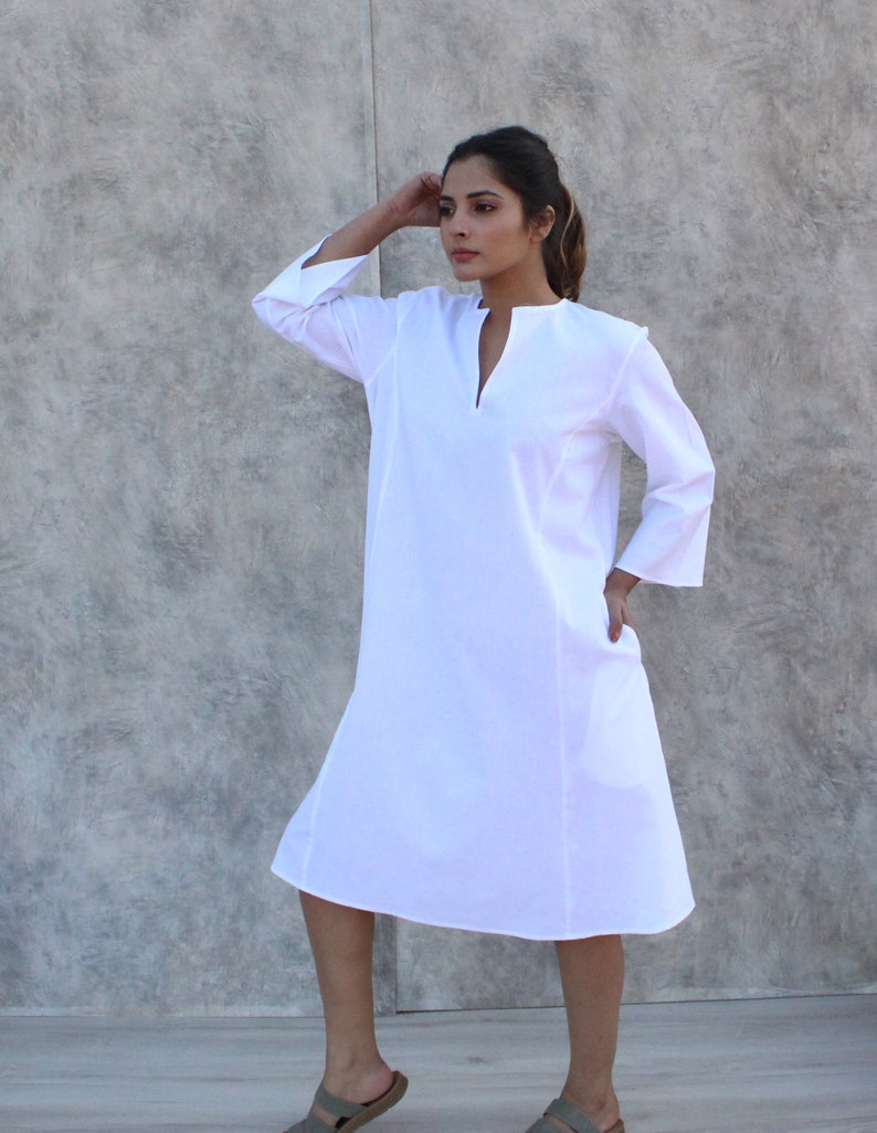 Simple, comfortable linen cotton washed  Loungewear White  split neck full sleeves A- line dress with pockets