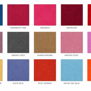 May include: A grid of fifteen fabric swatches in various colors including royal blue, raspberry pink, magenta, maroon, red, mauve, smokey grey, khaki brown, vintage rose, dusty pink, buttermilk yellow, slate blue, rust orange, sky blue, and orange.