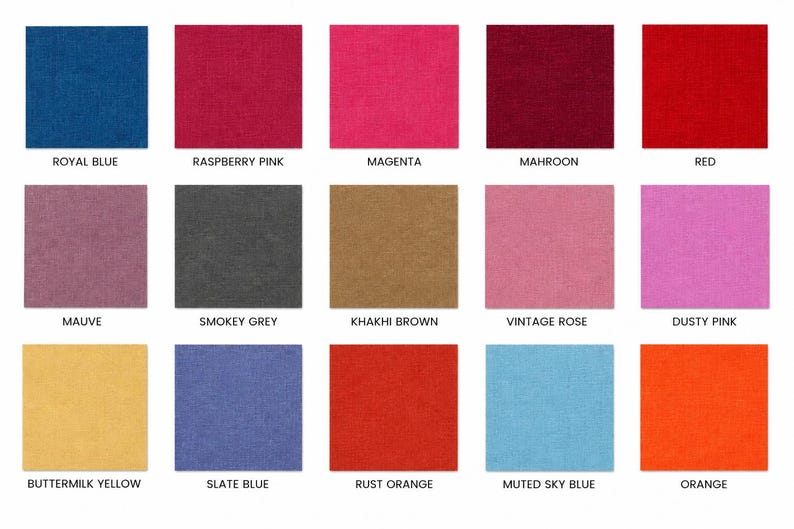 May include: A grid of fifteen fabric swatches in various colors including royal blue, raspberry pink, magenta, maroon, red, mauve, smokey grey, khaki brown, vintage rose, dusty pink, buttermilk yellow, slate blue, rust orange, sky blue, and orange.