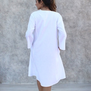Simple, comfortable linen cotton washed  below knee length made to order White  split neck full sleeves A- line dress with pockets