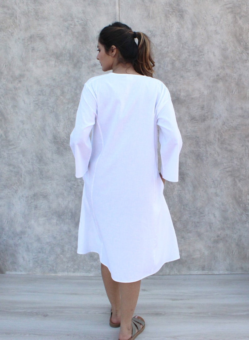 Simple, comfortable linen cotton washed  below knee length made to order White  split neck full sleeves A- line dress with pockets