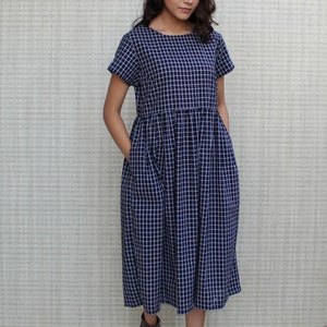 short sleeves black checkered eco-friendly, natural soft linen smock tea dress in midi length